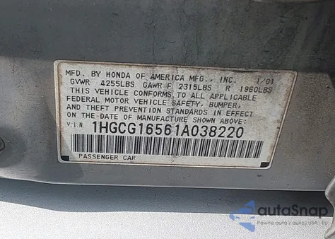 2001 Honda Accord 3.0 Ex from USA, damaged, VIN 1HGCG16561A038220